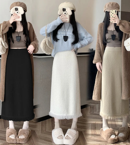 Vintage Women Black White Tassel Elegant High Waist Party Long Skirt 2024 Autumn Winter Khaki Straight Wrap Hip Knitted Skirts
