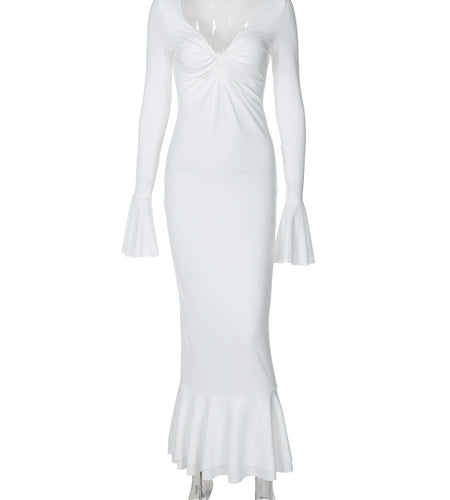 Solid V Neck Long Flare Sleeve Ruched Sexy Bodycon Maxi Pleated Prom Dress Fall Winter Elegant Outfits Evening Party