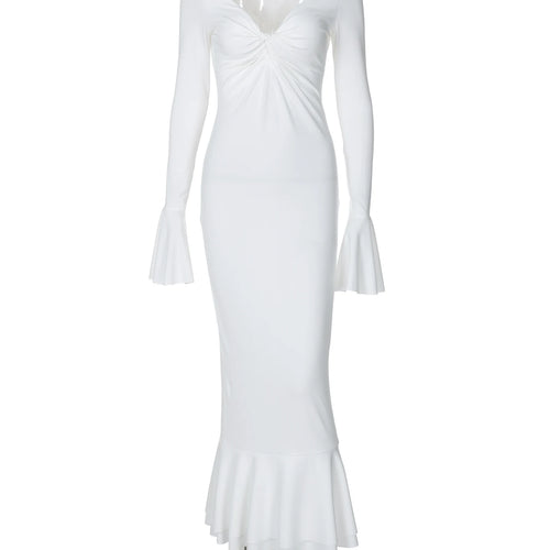 Load image into Gallery viewer, Solid V Neck Long Flare Sleeve Ruched Sexy Bodycon Maxi Pleated Prom Dress Fall Winter Elegant Outfits Evening Party
