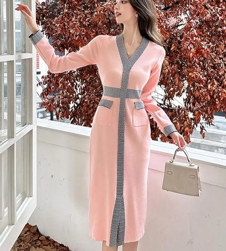 Autumn Winter French Patchwork Long Sleeves Festival Knitted Dresses Women's Elegant V Neck High Waist Wrap Hip Dress Streetwear