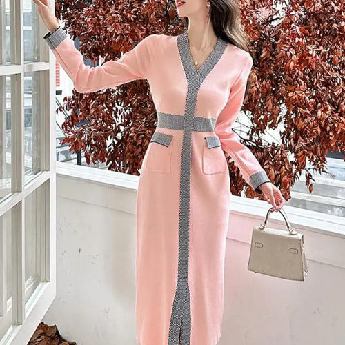 Load image into Gallery viewer, Autumn Winter French Patchwork Long Sleeves Festival Knitted Dresses Women's Elegant V Neck High Waist Wrap Hip Dress Streetwear
