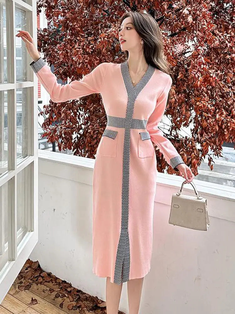 Autumn Winter French Patchwork Long Sleeves Festival Knitted Dresses Women's Elegant V Neck High Waist Wrap Hip Dress Streetwear