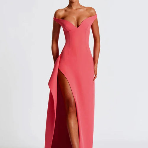 Load image into Gallery viewer, Off-shoulder Backless Split Sexy Maxi Dress Women Gown Pink Summer New Zipper Strapless Evening Club Party Long Dress

