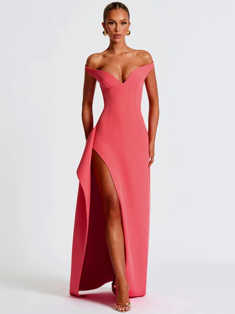 Off-shoulder Backless Split Sexy Maxi Dress Women Gown Pink Summer New Zipper Strapless Evening Club Party Long Dress