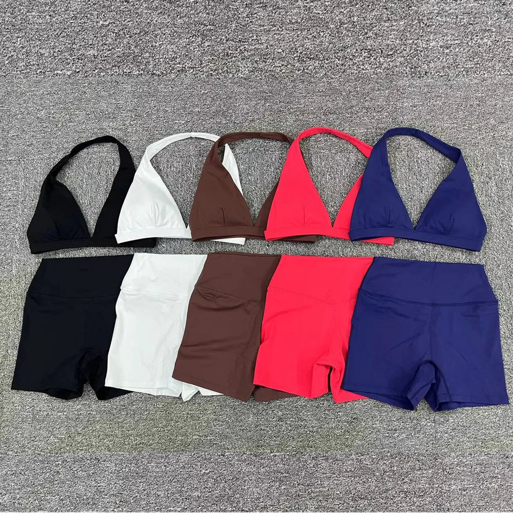 Nylon Halter Women Compression Lightweight Shockproof V Neck Sports Bra Outdoor Sports Running Bra Fitness Yoga Bra