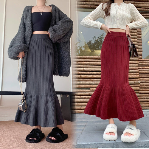 Load image into Gallery viewer, Vintage Women Solid High Waist Versatile Pleated A-line Long Skirt 2024 Autumn Winter French Sweet Knitted Fishtail Skirt Street
