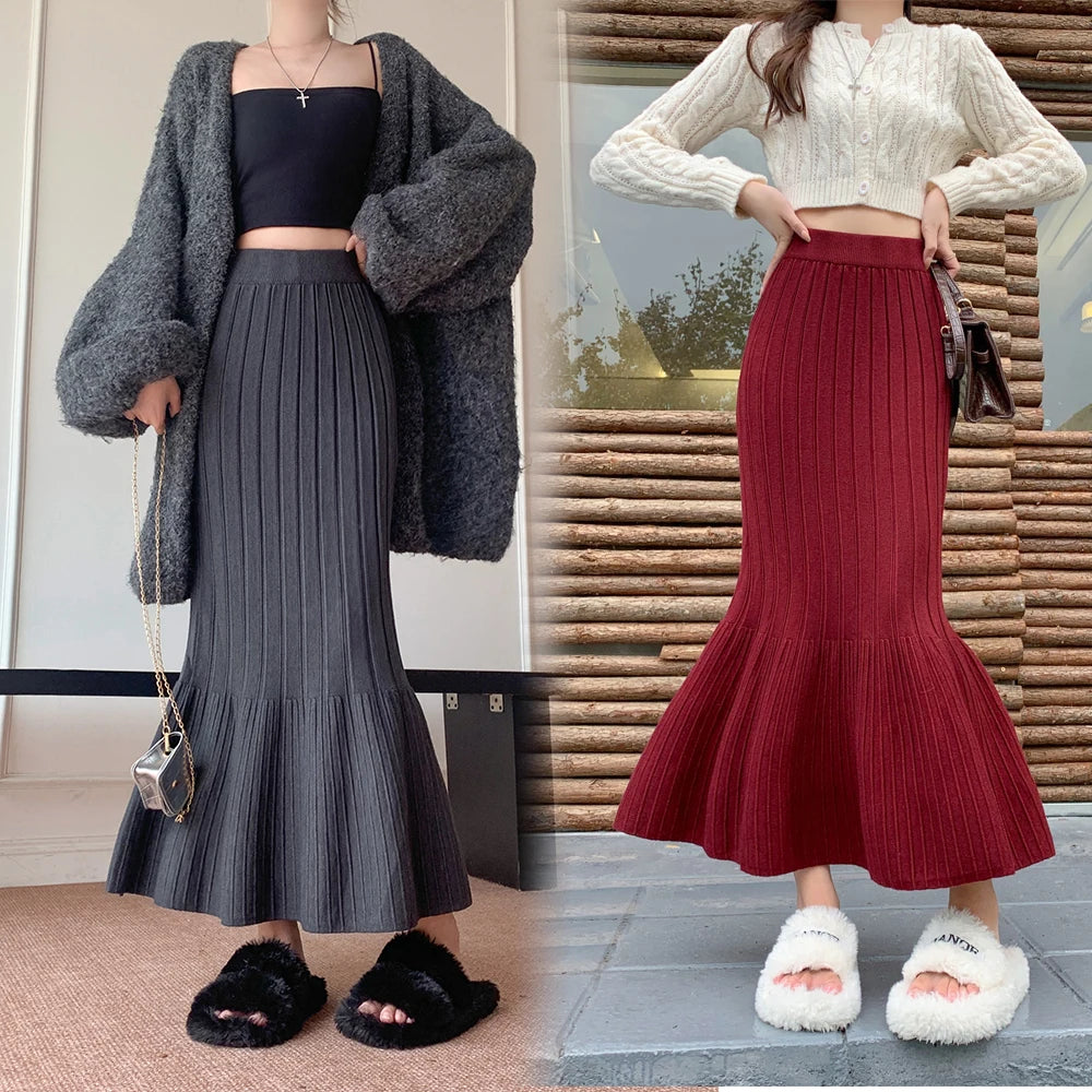 Vintage Women Solid High Waist Versatile Pleated A-line Long Skirt 2024 Autumn Winter French Sweet Knitted Fishtail Skirt Street