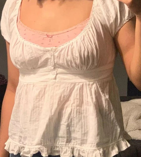 Ruffle Top Buttons y2k Kawaii Women Crop Tops Cute E-girl Short Sleeve Tshirt Sweet Fairy Core Clothes Summer 2024 Vest