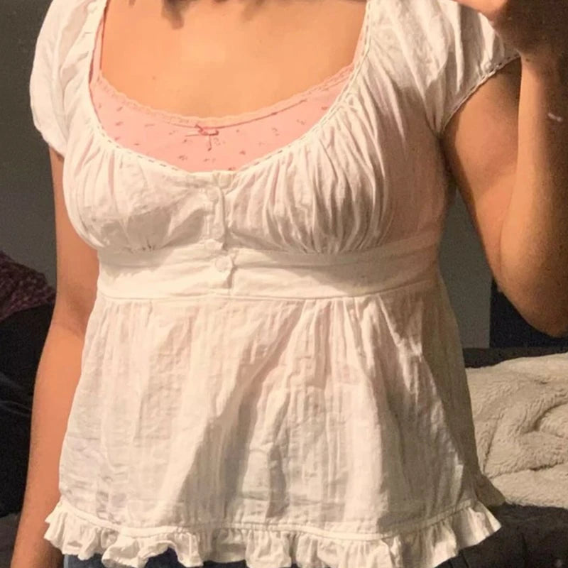 Ruffle Top Buttons y2k Kawaii Women Crop Tops Cute E-girl Short Sleeve Tshirt Sweet Fairy Core Clothes Summer 2024 Vest