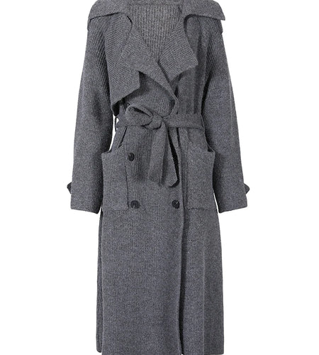 Gray Belted Pocket Big Size Knitting Cardigan Sweater V-Neck Long Sleeve Women New Fashion Spring Autumn 2025 17A2005H02