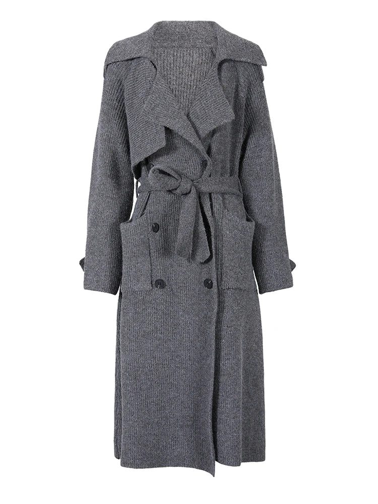 Gray Belted Pocket Big Size Knitting Cardigan Sweater V-Neck Long Sleeve Women New Fashion Spring Autumn 2025 17A2005H02