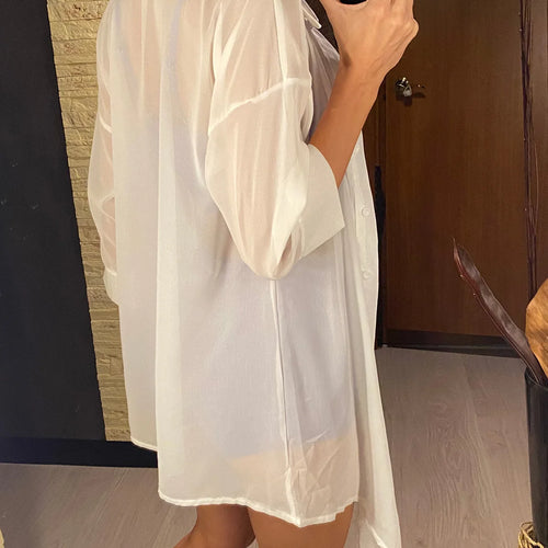 Load image into Gallery viewer, New Summer White Shirt Long Sleeve Top Blouse Tunic Beach Cover Up Cover-ups Beach Dress Beach Wear Beachwear Female Women V4777
