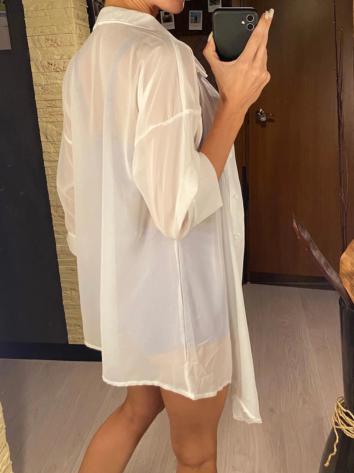 New Summer White Shirt Long Sleeve Top Blouse Tunic Beach Cover Up Cover-ups Beach Dress Beach Wear Beachwear Female Women V4777