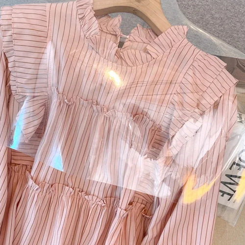 Load image into Gallery viewer, French Vintage Vertical Striped Loose Women Blouse Elegant Ladies Sweet Pink White Female Chicly Ruffles Collar Top
