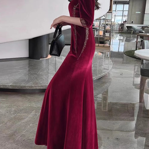 Load image into Gallery viewer, Solid Spliced Diamonds Slimming Dresses For Women O Neck Long Sleeve High Waist Temperament Dress Female Clothes
