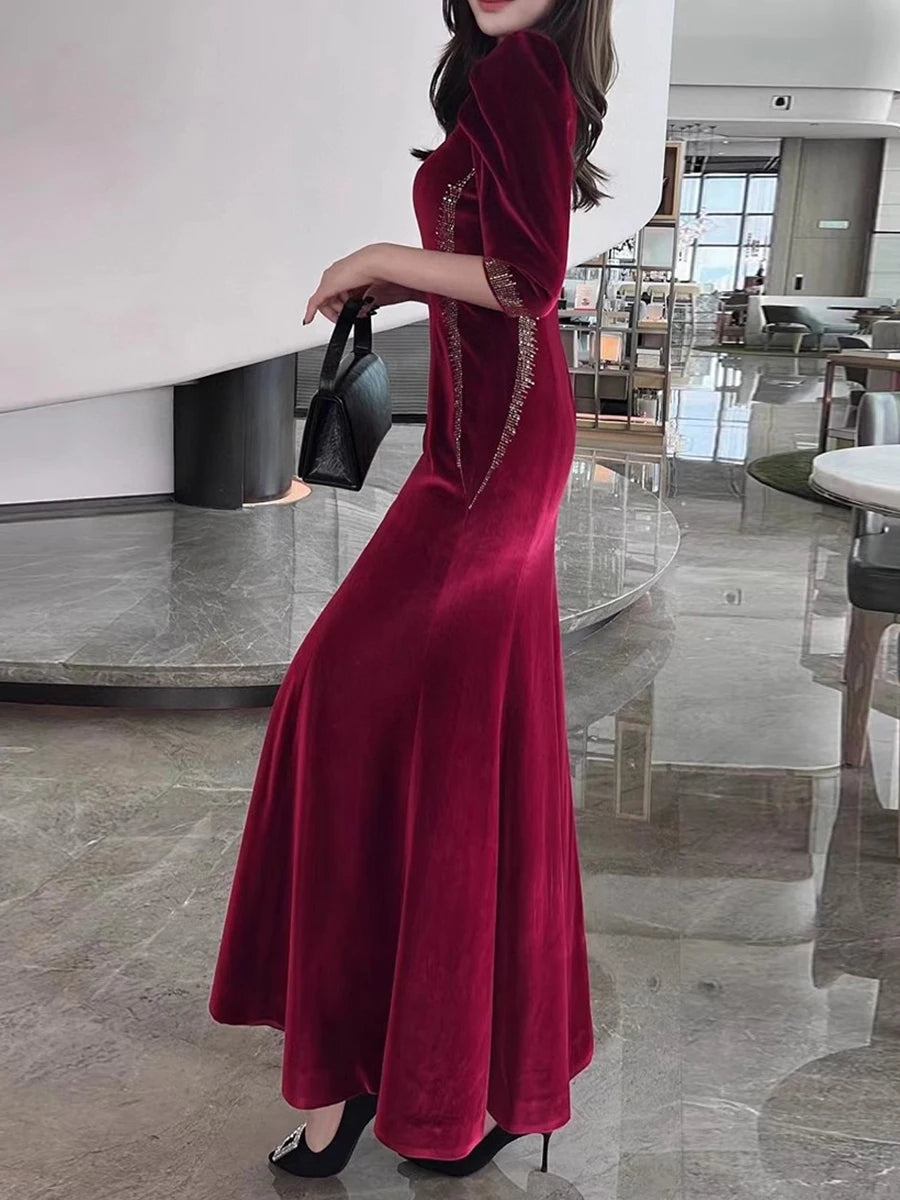 Solid Spliced Diamonds Slimming Dresses For Women O Neck Long Sleeve High Waist Temperament Dress Female Clothes