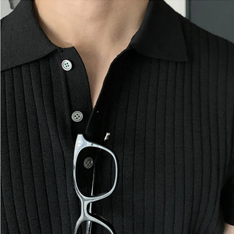 Summer Men's T-shirts Knitted Business Casual Korean Style Turn-down Collar Short Sleeve Pullover Male Tops 9C6346