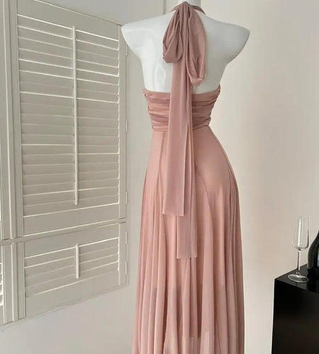 Summer Vintage Pink Sexy High Waist Evening Party Long Dress For Women V Neck Halter Bandage Elegant Backless Dresses 2025 Trend