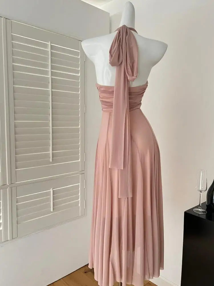 Summer Vintage Pink Sexy High Waist Evening Party Long Dress For Women V Neck Halter Bandage Elegant Backless Dresses 2025 Trend
