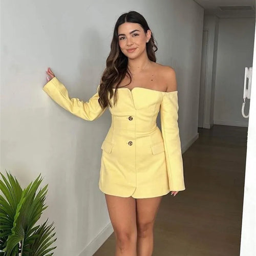 Load image into Gallery viewer, Off-shoulder Strapless Sexy Blazer Dress For Women Fashion Solid Zipper Two Pocket Long Sleeve Backless Mini Dress
