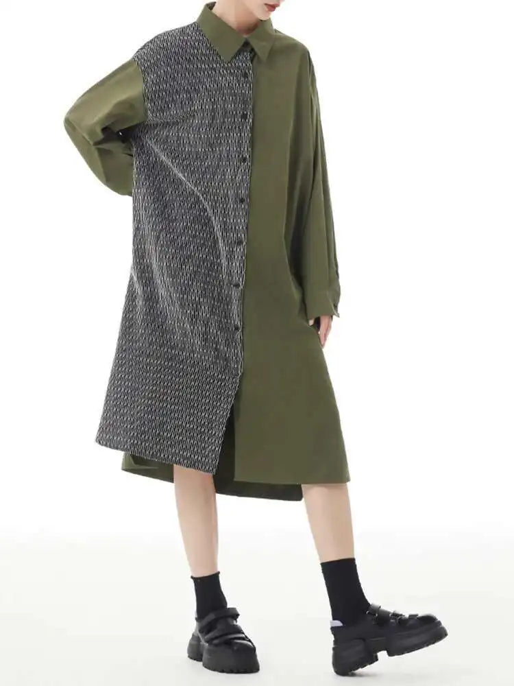 Women Black Color-block Big Size Midi Shirt Dress New Lapel Long Sleeve Loose Fit Fashion Tide Spring Autumn 2025 1DH2095