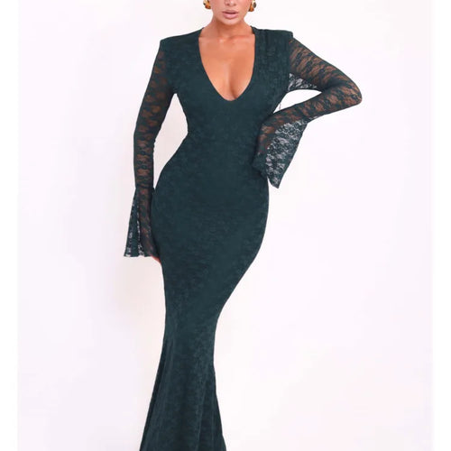 Load image into Gallery viewer, Sexy Lace Patchwork Tight Elastic Dress For Women Deep V Flared Long Sleeves Maxi Vestidos Elegant Party Clubwear 2024

