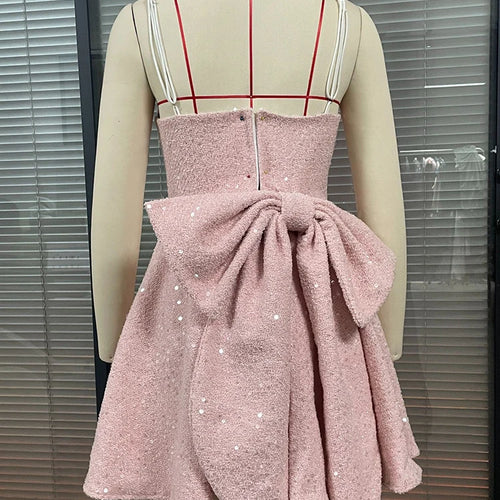 Load image into Gallery viewer, Sequins Bow Backless Sexy Mini Dress For Women Robe Fashion Square Collar Sleeveless High Waist A-line Club Dress
