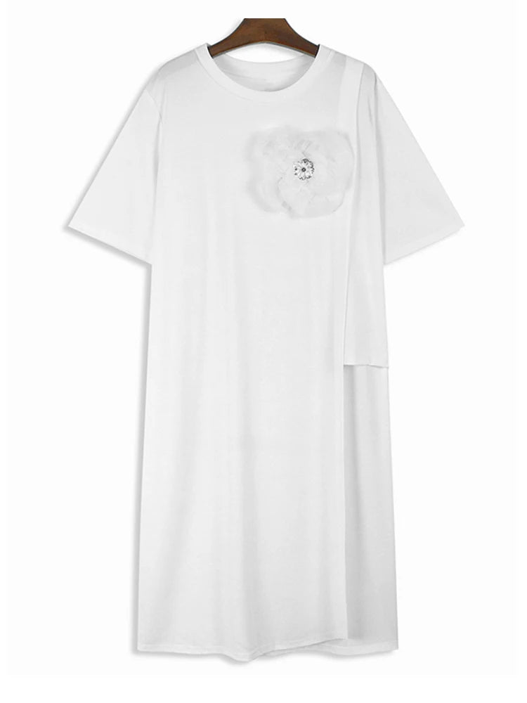 Women Black Three-dimensional Flower Big Size Midi Dress New Round Neck Short Sleeve Fashion Spring Summer 2025 1DJ1191