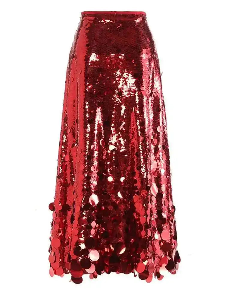 High Waist Red Sequins Shining Elegant A-line Party Half-body Skirt Women Fashion Tide New Spring Autumn 2025  1DH7717