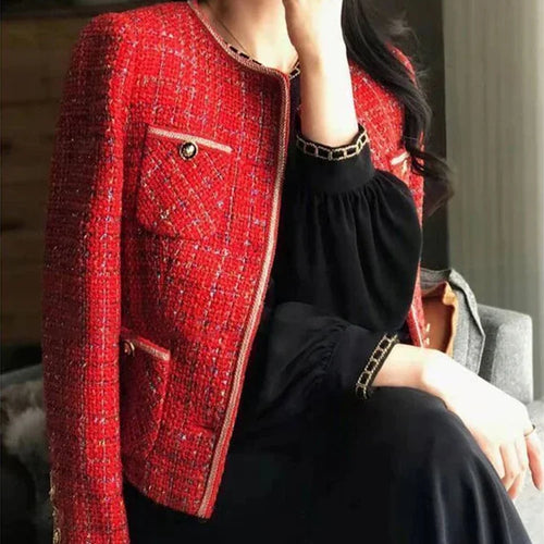 Load image into Gallery viewer, Korean Elegant Women&#39;s Coat New Autumn/Winter Sweet Casual Loose O-neck Single Breasted Suit Coat Red Tweed Blazer Women
