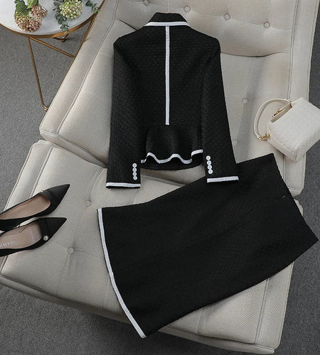 Black White Patchwork Office Lady French Two Piece Suit Women Long Sleeve Double Breasted Short Blazer + High Waist Midi Skirts