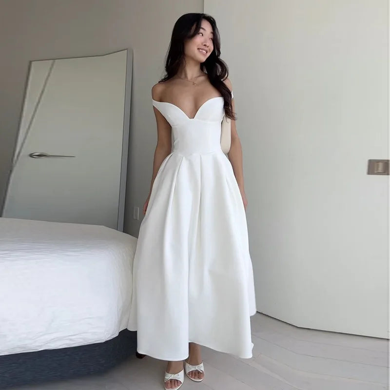 Off-shoulder Backless Pleated Maxi Dress Women Fashion Strapless Sleeveless High Waist A-line Club Long Dress Elegant