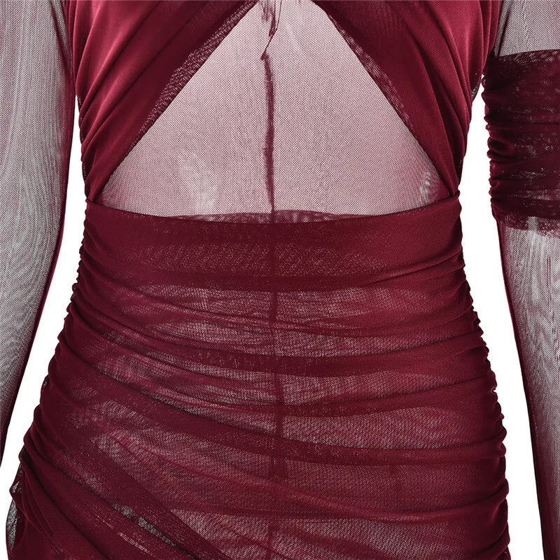 Mesh Ruched Sexy Maxi Dress For Women Fashion Zipper Patchwork See Through Long Sleeve Elegant Club Party Long Dress