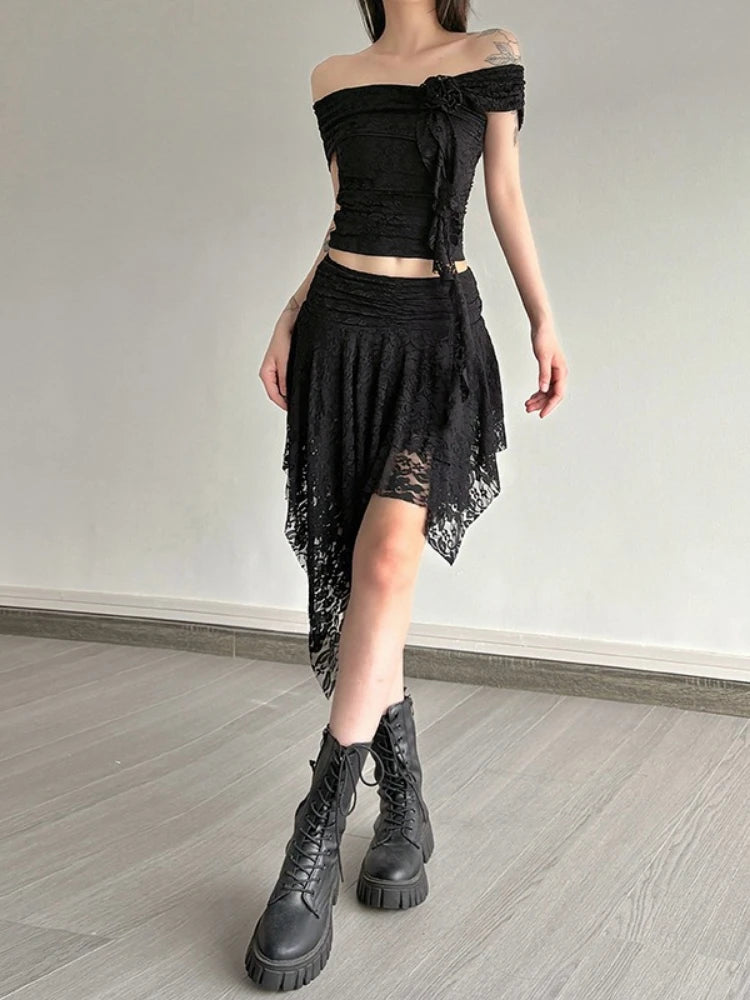 Y2k Aesthetic Lace Jacquard Vintage Tees 2025 Streetwear Fairy Slash Neck Cropped Tshirts Women Harajuku Grunge 3D Flower Tops