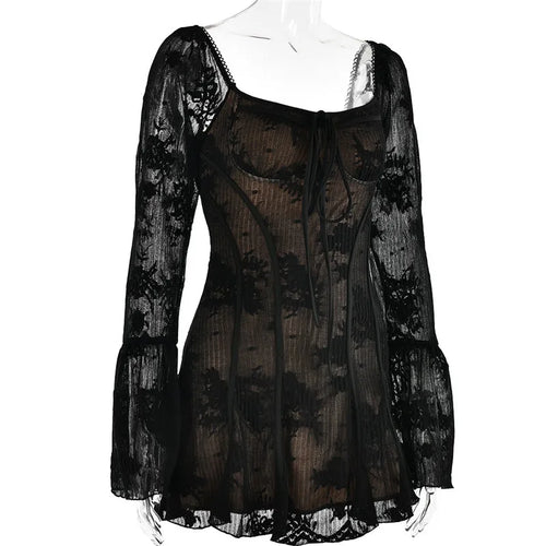 Load image into Gallery viewer, Elegant Backless Long Flare Sleeve Print Mini Dress Women Fashion square collar A-line Pleated Club Party Sexy Dress
