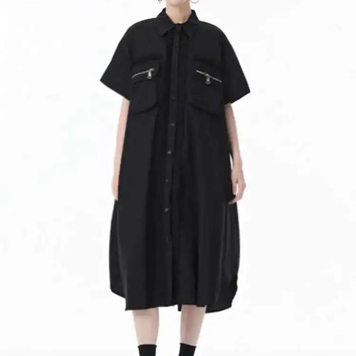 Load image into Gallery viewer, Women White Mesh Color-block Big Size Midi Shirt Dress New Lapel Short Sleeve Fashion Tide Spring Summer 2025 1DJ0003
