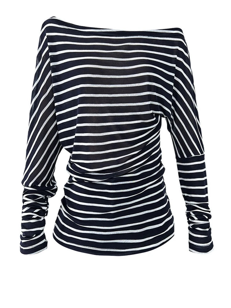 Women Black Striped Irregular Eelgant Big Size T-shirt New Skew Collar Long Sleeve Fashion Tide Spring Autumn 2025 1DJ1308