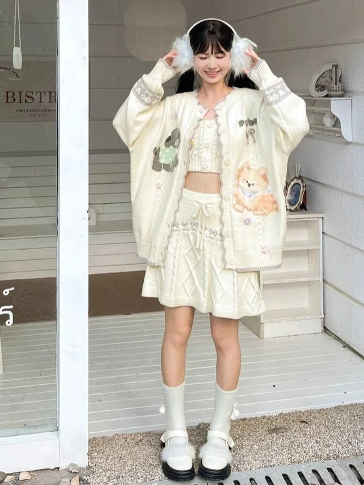 2025 Preppy Style Cartoon Embroidery Cardigans Y2k Aesthetic Women Contrast Color Patchwork Sweater Streetwear Kawaii Cute Coats