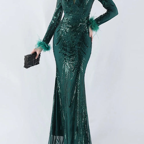 Load image into Gallery viewer, Solid Spliced Feather Slimming Dresses For Women V Neck Long Sleeve High Waist Temperament Dress Female Fashion New
