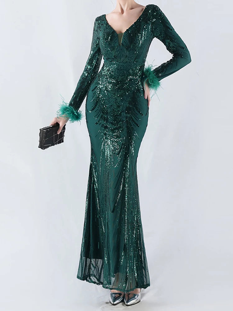 Solid Spliced Feather Slimming Dresses For Women V Neck Long Sleeve High Waist Temperament Dress Female Fashion New