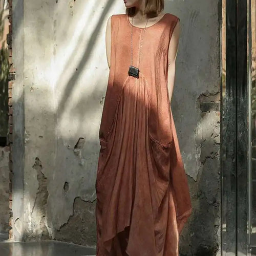 Load image into Gallery viewer, Women Orange Pleated Vintage Casual Dress New Round Neck Sleeveless Loose Fit Fashion Tide Spring Summer 2025 1DF6825
