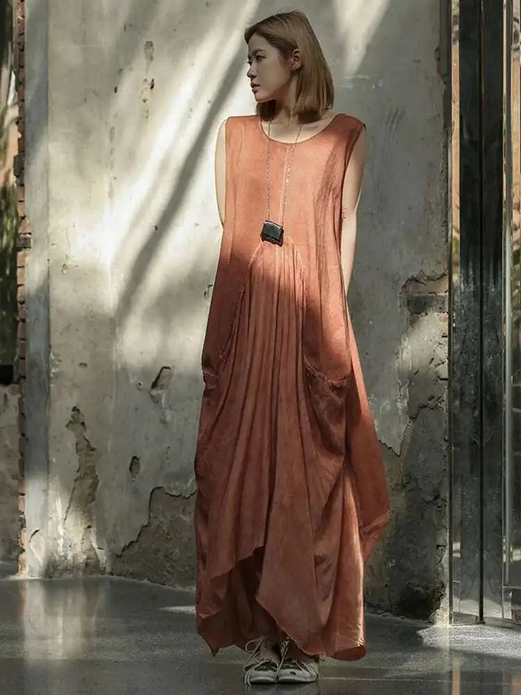 Women Orange Pleated Vintage Casual Dress New Round Neck Sleeveless Loose Fit Fashion Tide Spring Summer 2025 1DF6825