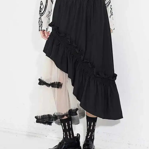 Load image into Gallery viewer, High Elastic Waist Black Irregular Ruffles Mesh A-line Half-body Skirt Women Fashion Tide New Spring Autumn 2025 1DH4926
