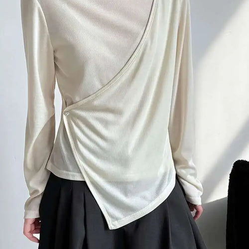 Load image into Gallery viewer, Women Gray Cross Irregular Hem Casual Slim T-shirt New Round Neck Long Sleeve Fashion Tide Spring Autumn 2025 1DJ0739
