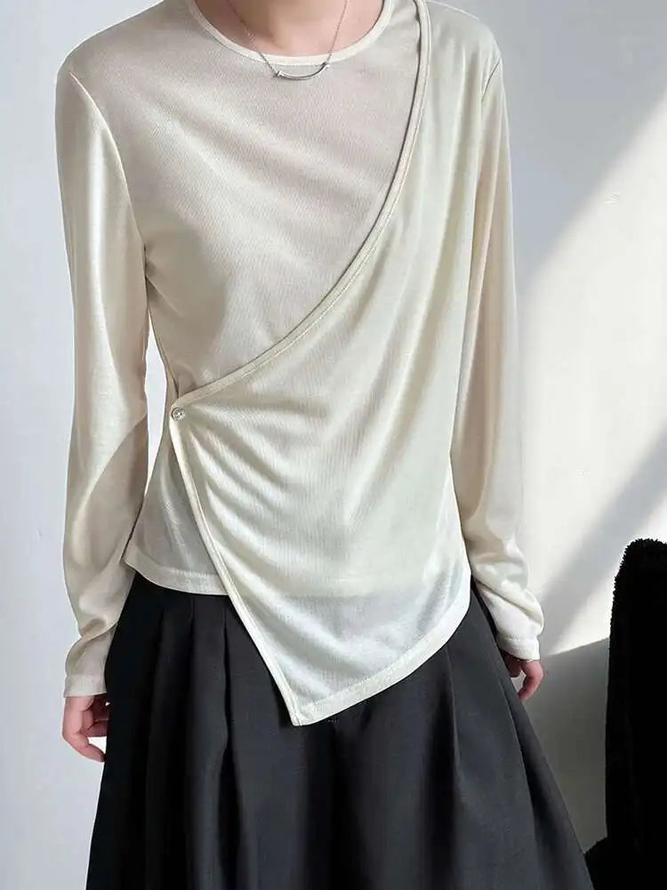 Women Gray Cross Irregular Hem Casual Slim T-shirt New Round Neck Long Sleeve Fashion Tide Spring Autumn 2025 1DJ0739