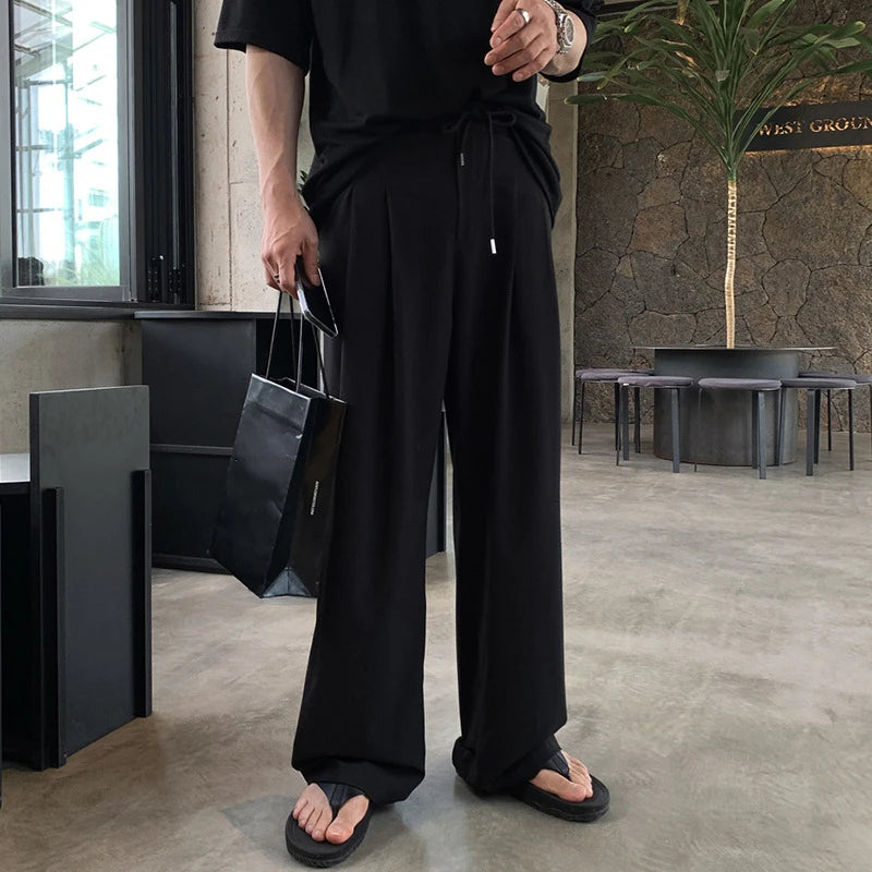 Men's Korean Style Casual Pants Loose Drawstring Design Straight Wide Leg Elastic Waist Male Clothing New Summer 9W1851