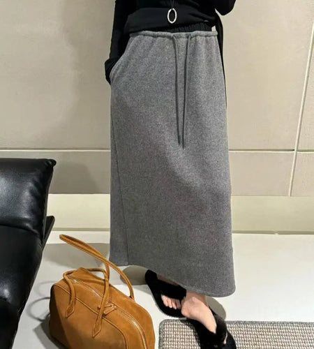 Korean Style Woman Black Elegant High Waisted Straight Woolen Skirts Autumn Winter Casual Simple Grey Drawstring Lace-up Skirt