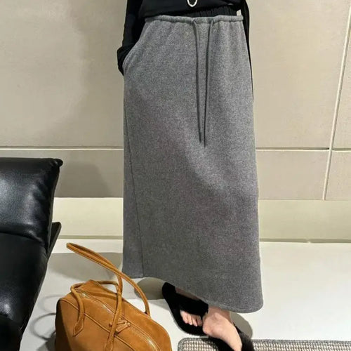 Load image into Gallery viewer, Korean Style Woman Black Elegant High Waisted Straight Woolen Skirts Autumn Winter Casual Simple Grey Drawstring Lace-up Skirt
