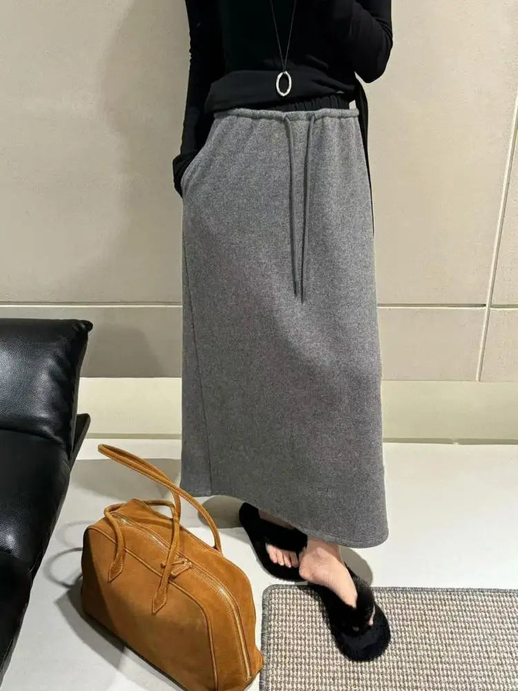 Korean Style Woman Black Elegant High Waisted Straight Woolen Skirts Autumn Winter Casual Simple Grey Drawstring Lace-up Skirt