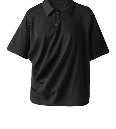 Women White Irregular Pleated Big Size Casual T-shirt New Lapel Short Sleeve Fashion Tide Spring Summer 2025 CPG3169